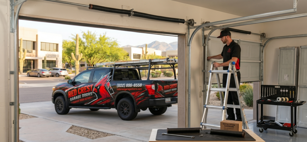 Garage Door Installation A Red Crest Garage Doors technician standing on a ladder performs work on a garage door panel beside a branded red service truck parked in a residential driveway.