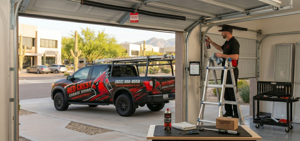 Routine Maintenance A Red Crest Garage Doors technician stands on a ladder inside a residential garage installing a garage door opener while the branded service truck is parked in the driveway.