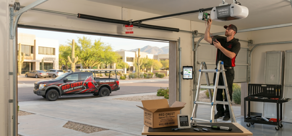 A Red Crest Garage Doors technician in a black uniform stands on a ladder inside an open garage, installing a garage door opener on the ceiling rail.
