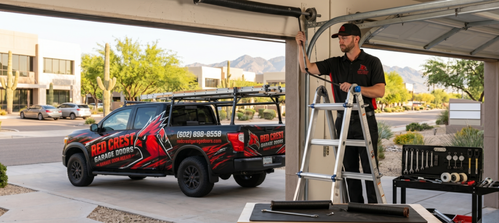 A Red Crest Garage Door technician in a black hat works on a residential garage door using a step ladder, with a branded red and black service truck parked in the driveway.