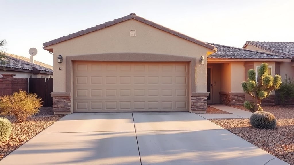 Modern insulated garage door on a Phoenix metro area home in the morning light