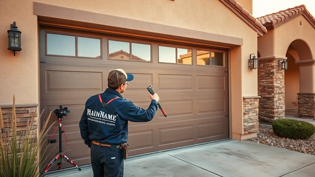 Garage door service technician inspecting an insulated garage door on a Phoenix area home