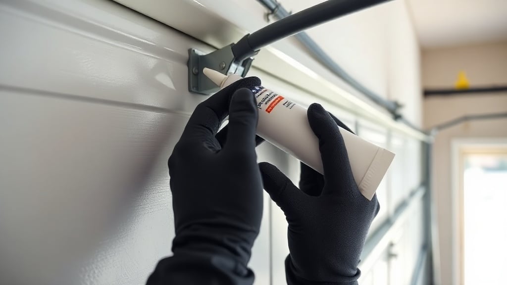 Garage Door Inspection Checklist: Key Checks That Protect Long-Term Performance — garage door safety Technician lubricating the rollers and hinges on a residential garage door as part of a routine garage door safety maintenance checklist