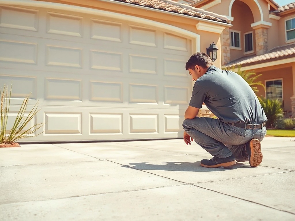 Technician inspecting the weather stripping and panels during a garage door service call at a Phoenix-area home