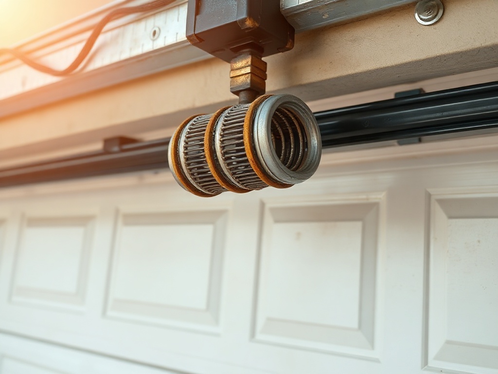 Warning Signs Your Garage Door Makes a Loud Snapping Noise Before It Fails Completely Close-up of a worn torsion spring assembly on a residential garage door highlighting why garage door opener repair should not be delayed