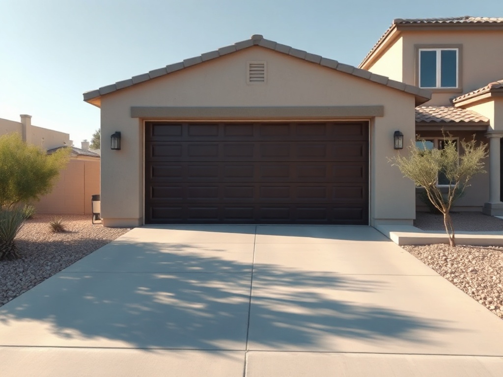 A residential garage door stuck halfway open on a sunny desert morning, illustrating the need for garage door repair near me at a Phoenix-area home