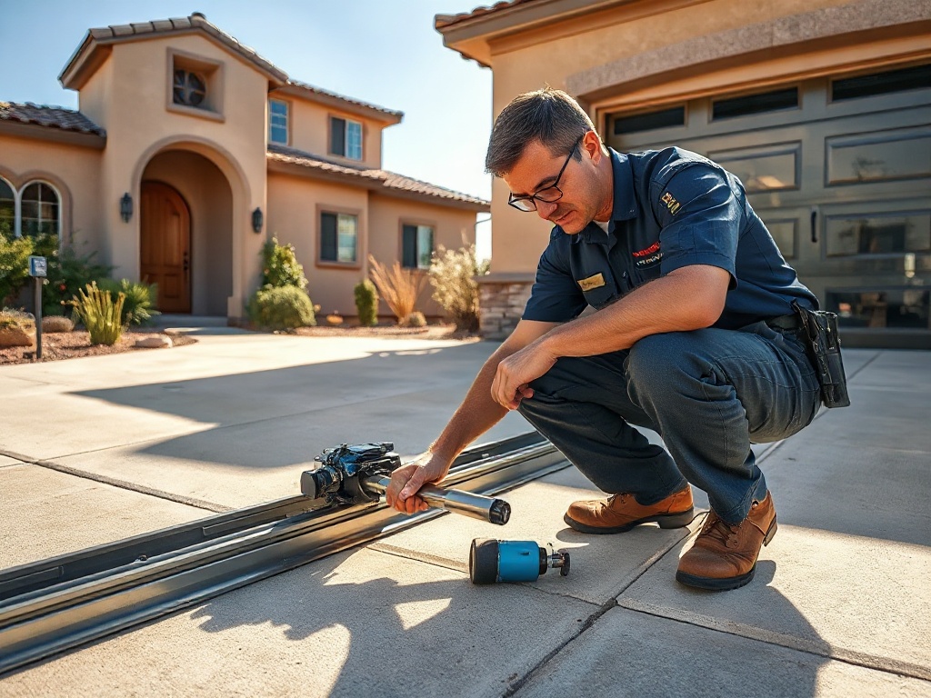 A garage door technician inspecting rollers and a track during a garage door repair near me visit at a home in the Scottsdale area