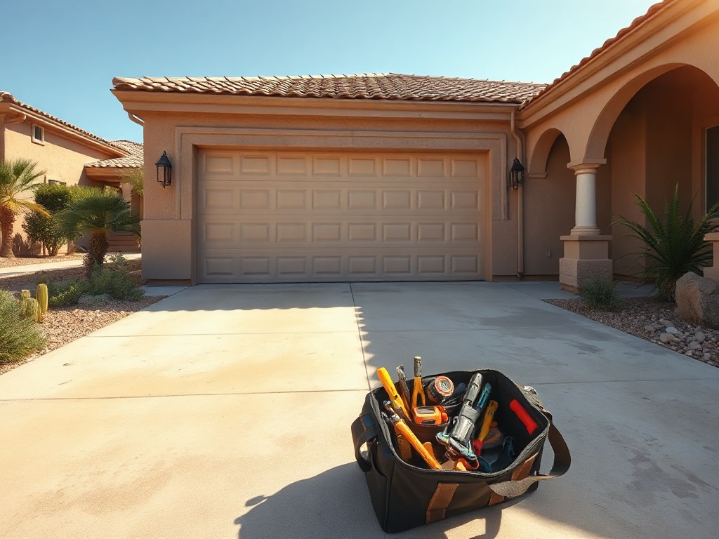 This Happens When Your Garage Door Gets Stuck Halfway — And Why It's a Serious Issue Professional tools laid out on a driveway beside a residential garage door, representing the equipment used during garage door repair scottsdale service calls