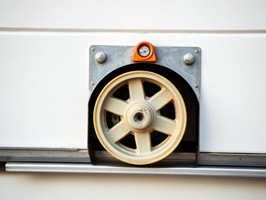 Close-up of a worn garage door roller in a steel track, a common cause that prompts homeowners to schedule same day garage door repair