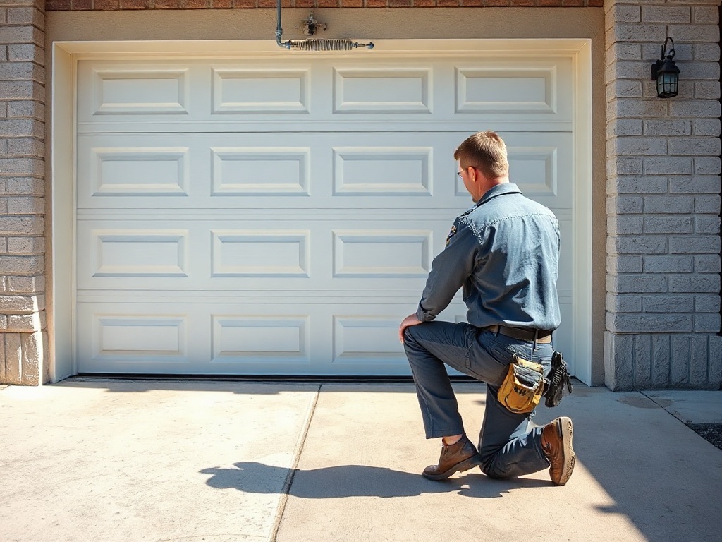 A garage door technician inspecting a torsion spring during a same day garage door repair call at a residential home in the Southwest