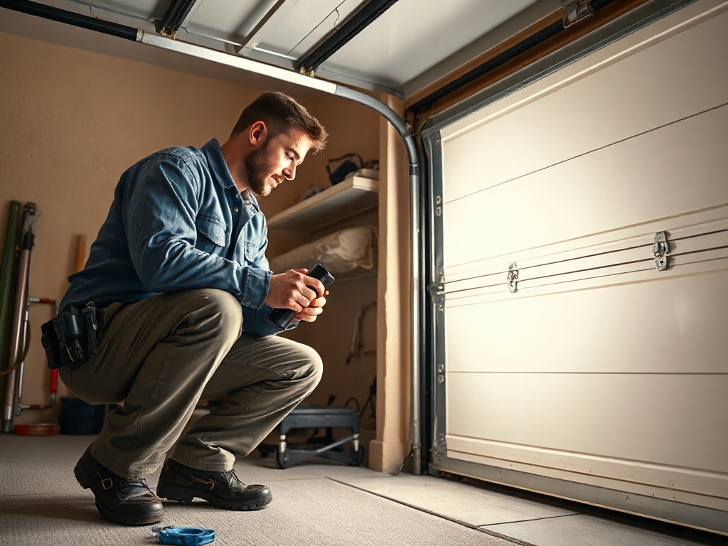 Technician closely inspecting torsion spring and track hardware during a garage door opener repair visit at a residential home in