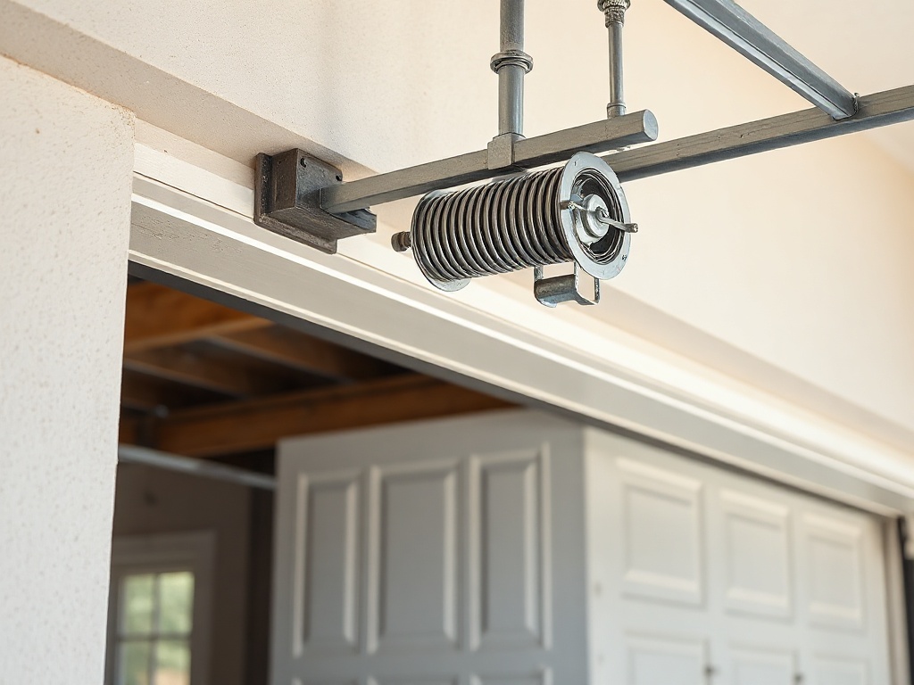 Close-up of a torsion spring and cable system above a residential garage door — a common point of failure requiring same day garage door repair