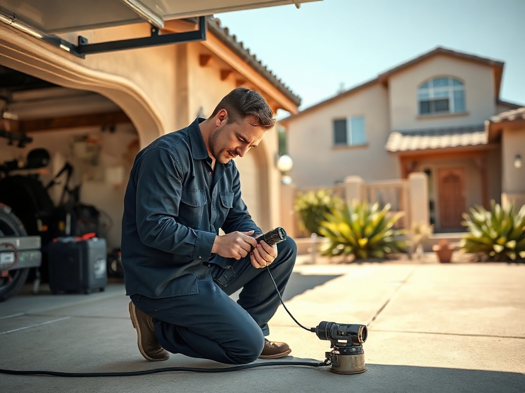 Technician inspecting a garage door cable and roller during an emergency garage door repair visit at a Phoenix metro home