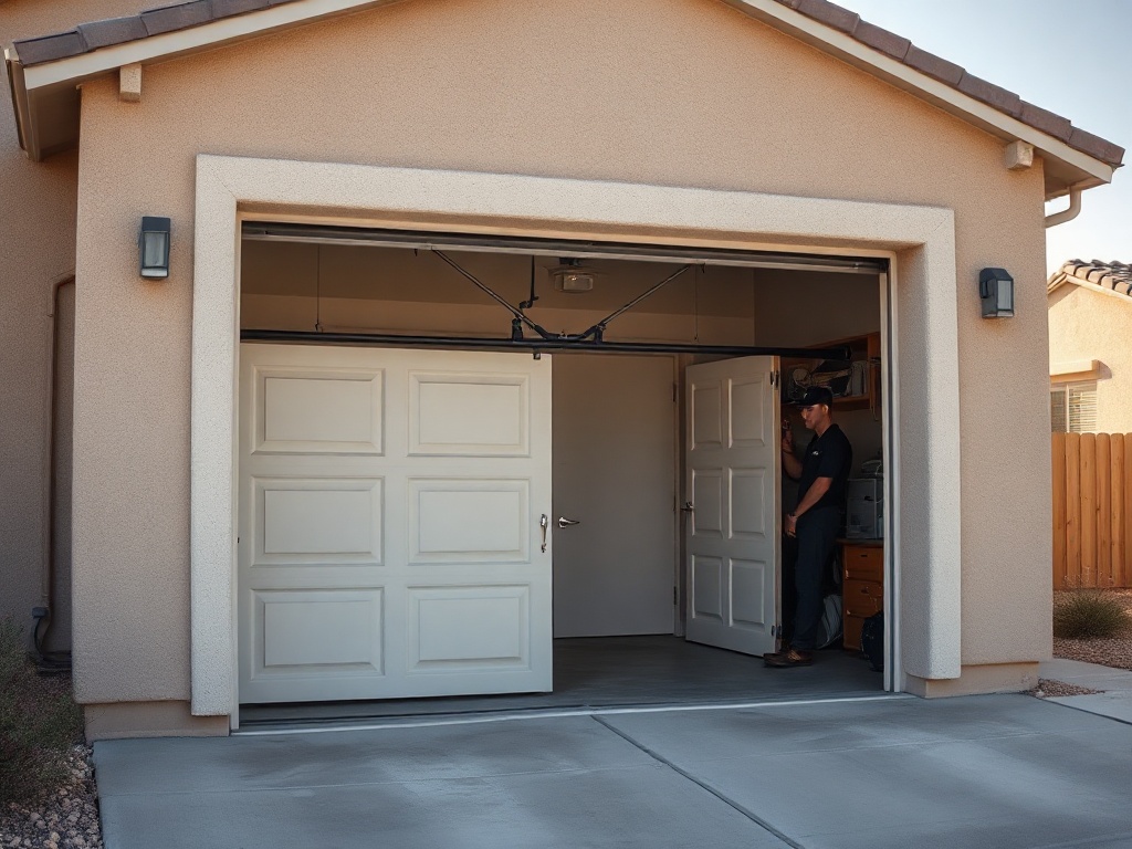 Residential garage with the door partially open revealing torsion hardware — the kind of setup inspected during a garage door spring repair service call