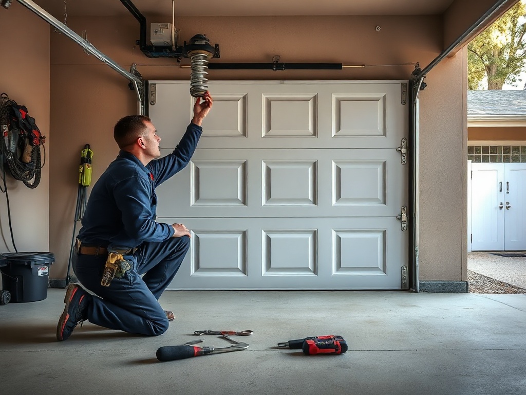 A garage door technician performing garage door spring repair by inspecting torsion springs and cables on a white raised-panel residential garage door