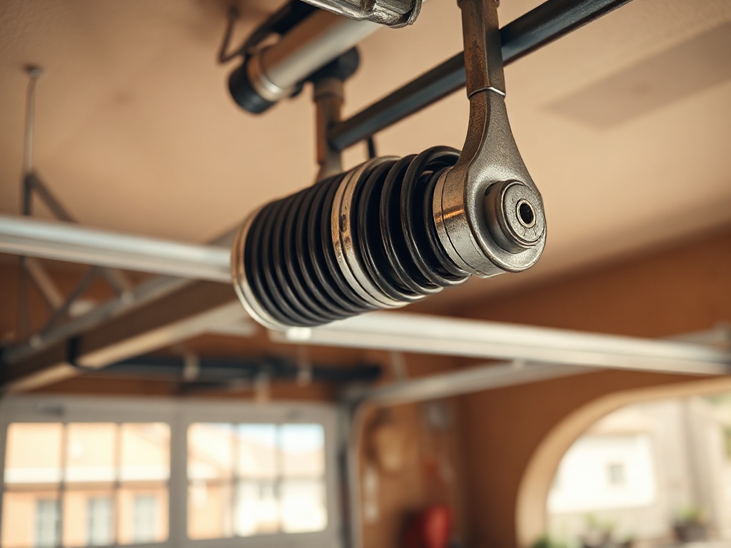 Why Your Garage Door Moves Unevenly — and How to Stop It Before Real Damage Sets In Close-up of a broken torsion spring above a garage door, a clear sign that garage door spring repair is urgently needed