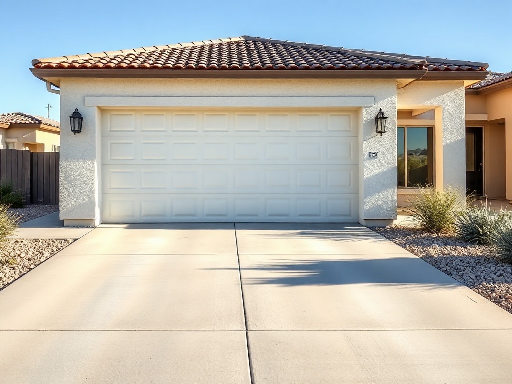 The Real Reason Your Garage Door Slams Shut — And Why Most Homeowners Ignore It A white raised-panel two-car garage door on a tan stucco single-story home with a wide concrete driveway in a desert neighborhood.
