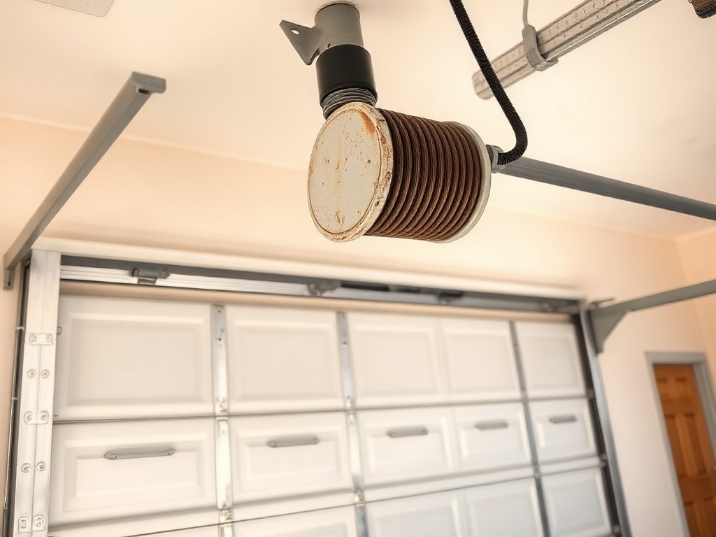 Close-up of a worn torsion spring above a residential garage door requiring a garage door installation service inspection to prevent a dangerous free-fall slam