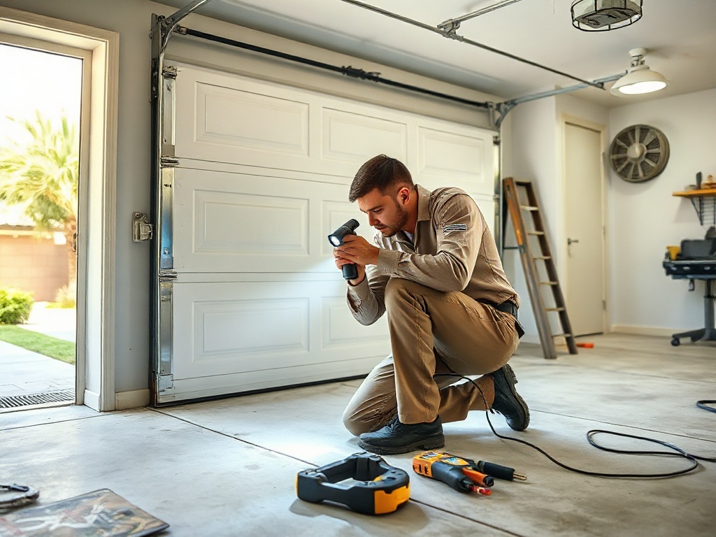 A technician performing a garage door installation service diagnostic on the cable and roller of a residential garage door in the Phoenix metro area