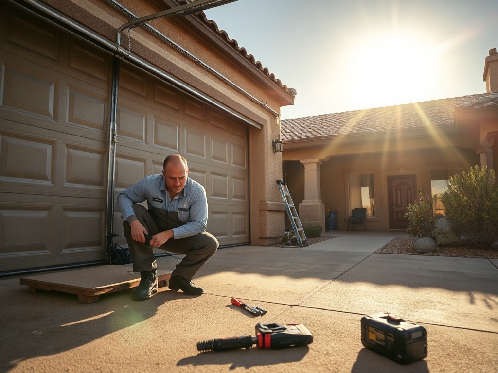 Technician inspecting a garage door track and roller during a garage door repair scottsdale service call on a desert Southwest stucco home