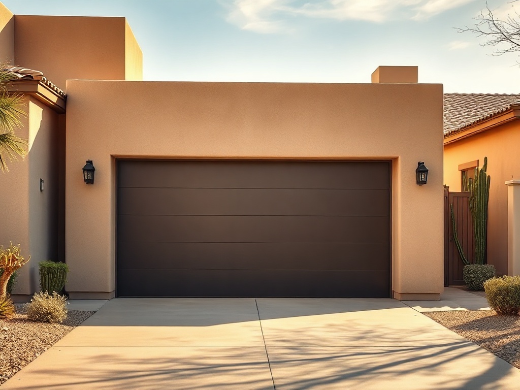 Don't Ignore It When Your Garage Door Gets Stuck Halfway — Here's How to Fix It Safely A dark brown sectional garage door installed on a tan stucco Southwest-style home with a concrete driveway and desert landscaping.
