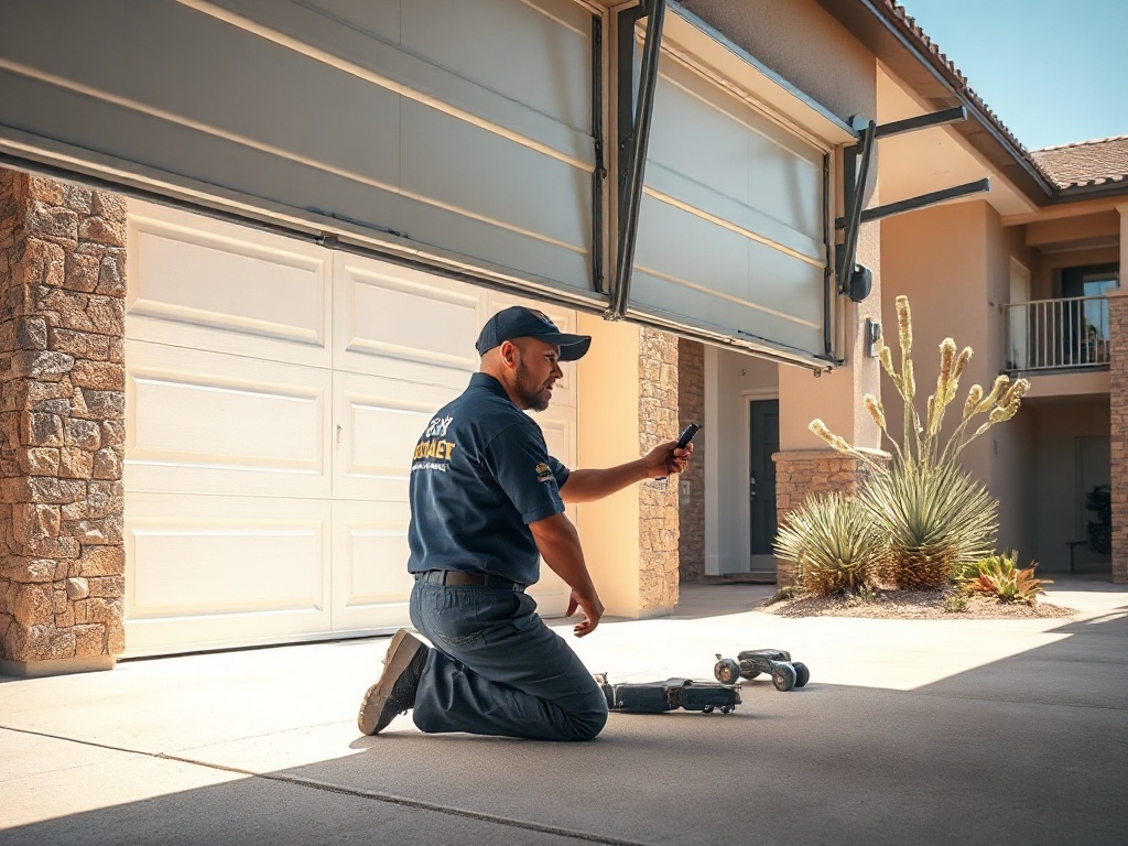 A technician inspecting a garage door roller and track during a garage door maintenance near me visit at a Phoenix-area home