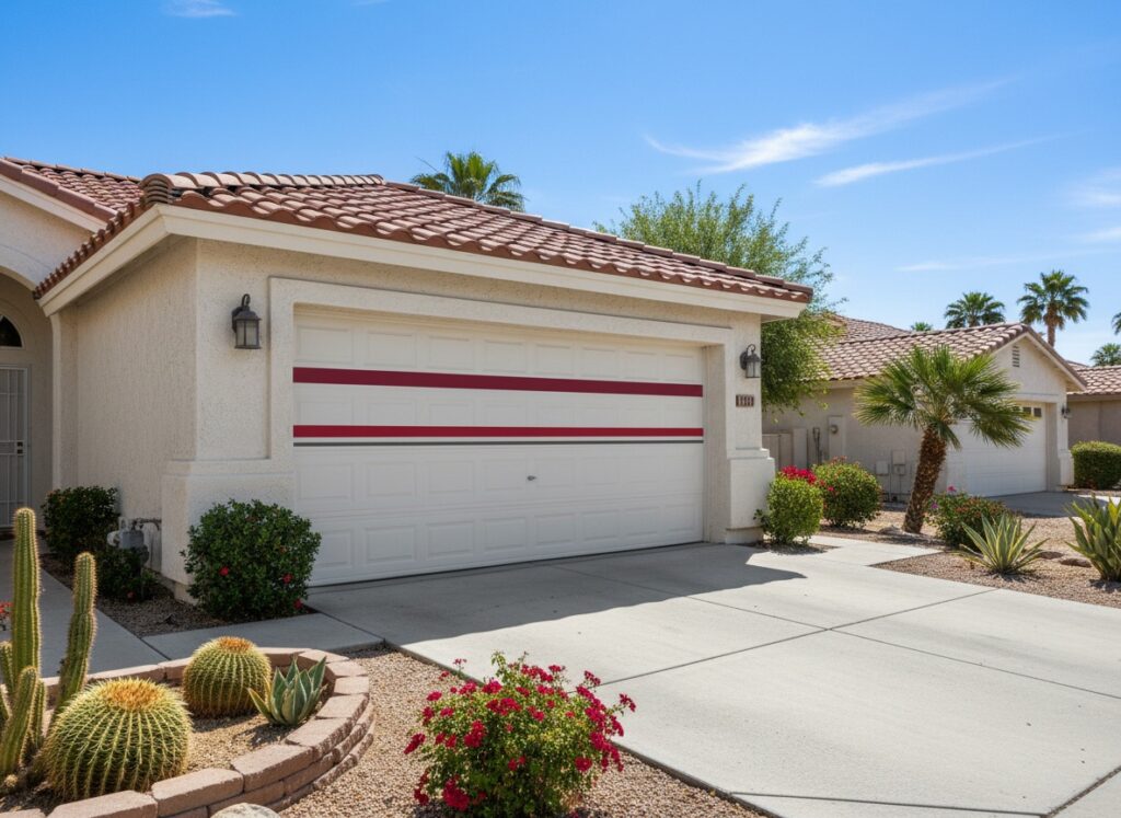 What It Means When Your Garage Door Opens Then Reverses — And How to Fix It Safely A white single-car garage door with red horizontal stripe accents on a beige stucco home surrounded by desert landscaping including cacti and palm trees.