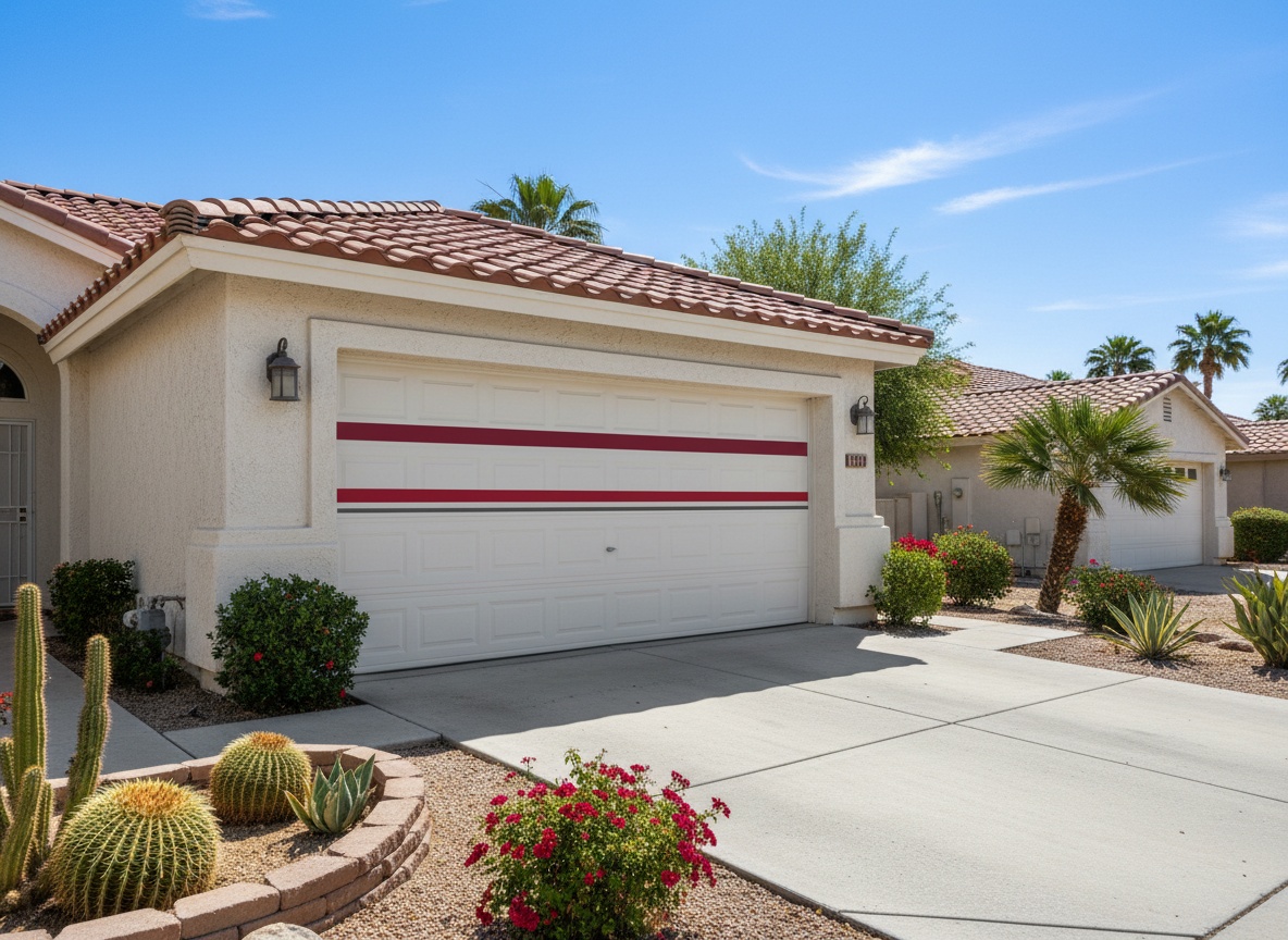 What It Means When Your Garage Door Opens Then Reverses — And How to Fix It Safely A white single-car garage door with red horizontal stripe accents on a beige stucco home surrounded by desert landscaping including cacti and palm trees.