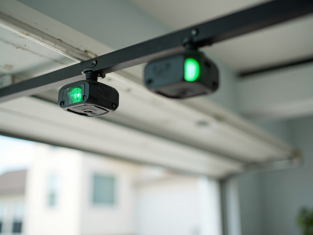 What It Means When Your Garage Door Opens Then Reverses — And How to Fix It Safely Close-up of garage door safety sensors on a white track frame, a key component inspected during a garage door opener repair to diagnose door reversal problems