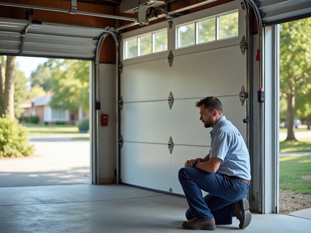 What It Means When Your Garage Door Opens Then Reverses — And How to Fix It Safely A technician inspecting a torsion spring above a white sectional garage door as part of a thorough garage door opener repair to identify why the door was reversing unexpectedly