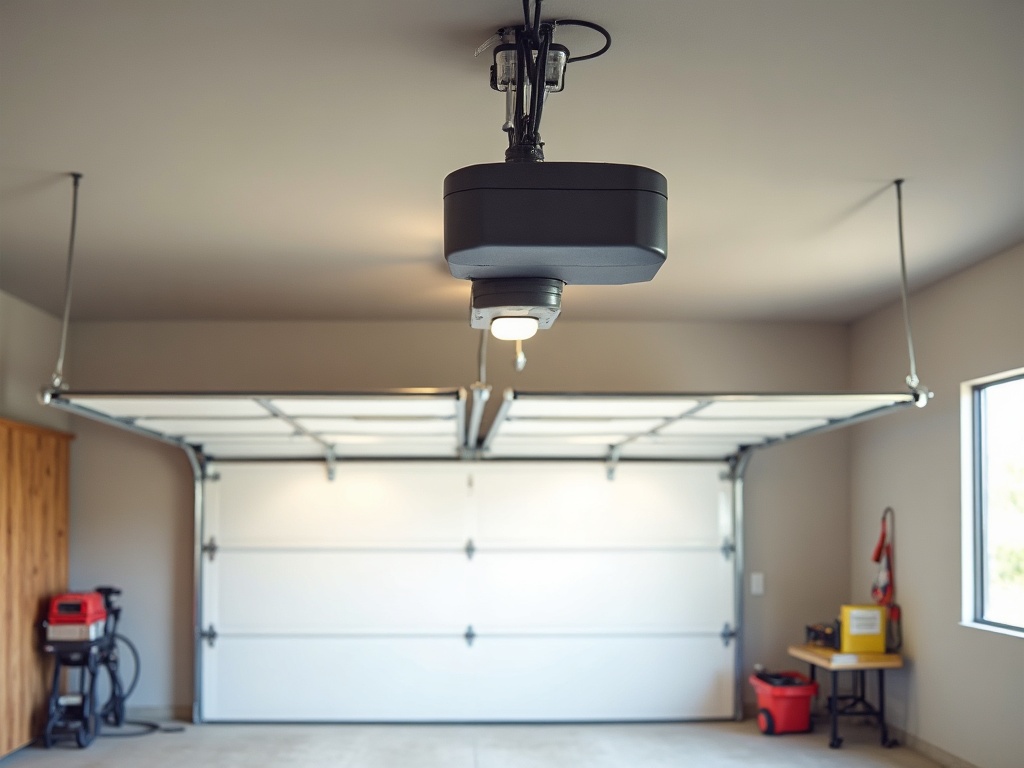 A residential garage door opener motor on the ceiling of a two-car garage, highlighting a common failure point addressed during garage door maintenance near me inspections