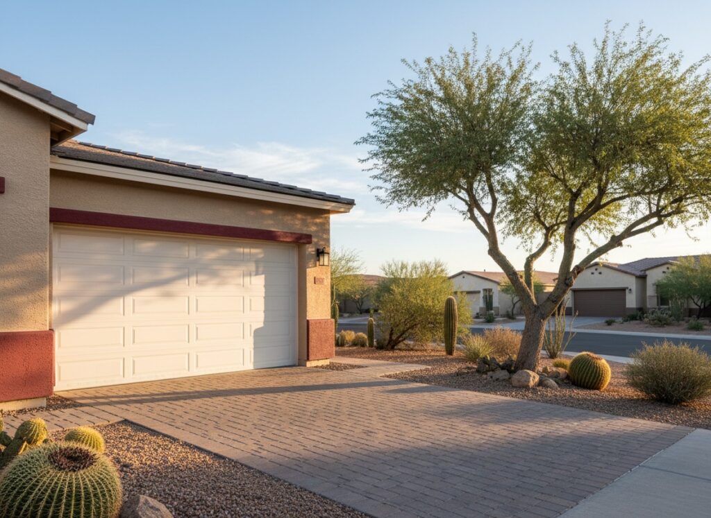 What It Means When Your Garage Door Shakes While Closing — And How to Stop It A white sectional garage door on a tan stucco home surrounded by desert landscaping including cacti and a palo verde tree in a residential neighborhood.