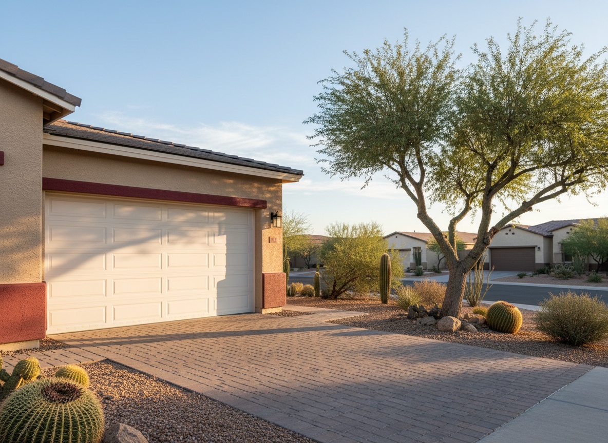 A white sectional garage door on a tan stucco home surrounded by desert landscaping including cacti and a palo verde tree in a residential neighborhood.