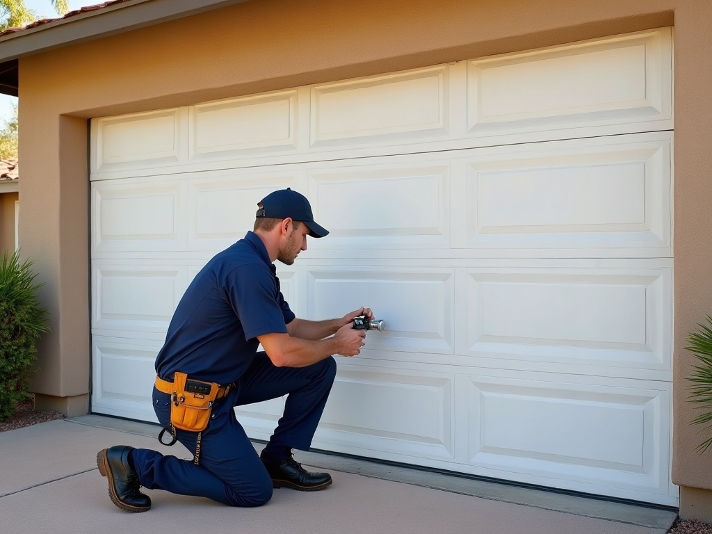 What It Means When Your Garage Door Shakes While Closing — And How to Stop It A garage door technician inspecting spring hardware during a same day garage door repair visit at a Phoenix-area home