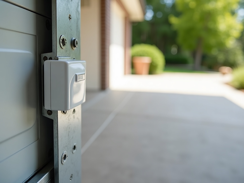 Close-up of a misaligned garage door safety sensor on a metal track, a common cause requiring emergency garage door repair