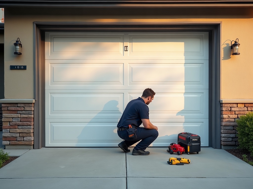 A garage door technician inspecting a torsion spring during an emergency garage door repair visit at a residential home