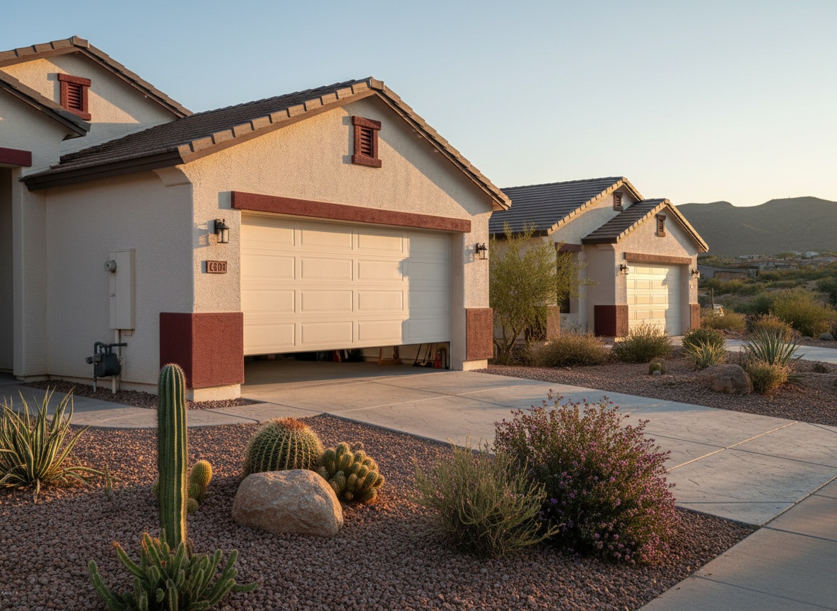 A tan stucco suburban home with a large beige garage door surrounded by desert landscaping including cacti and boulders at sunset.