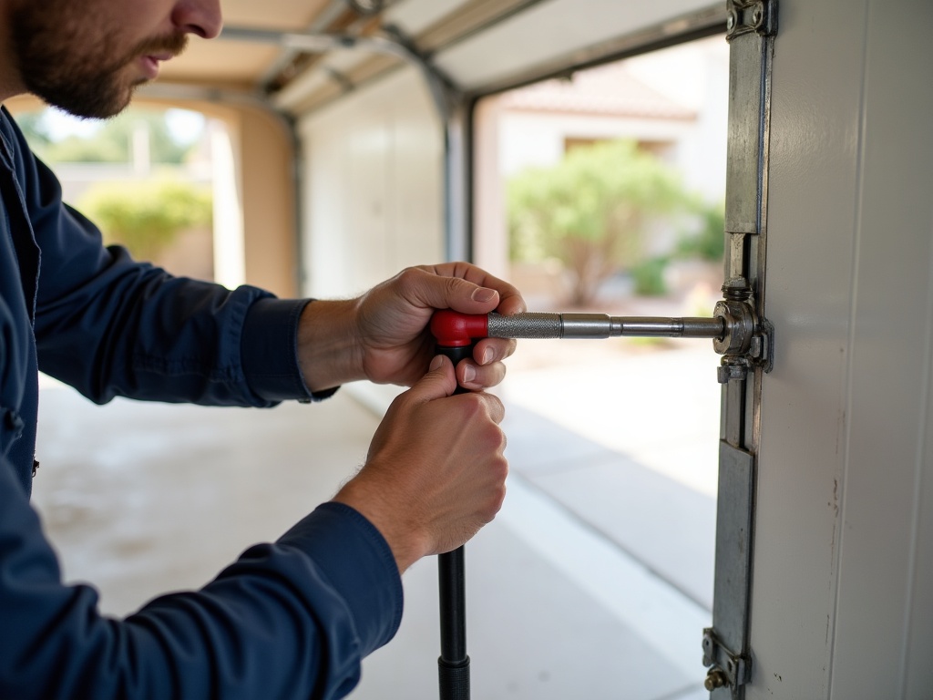 Hands tightening a hinge bolt on a white residential garage door panel — a routine step during garage door repair near me that stops shaking and extends the door's lifespan.