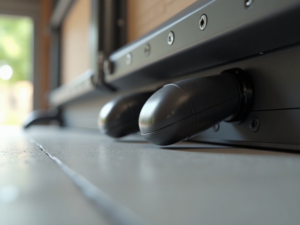 Close-up of photo-eye sensors on a garage door track, a common inspection point when diagnosing a garage door maintenance near me that won't complete its cycle