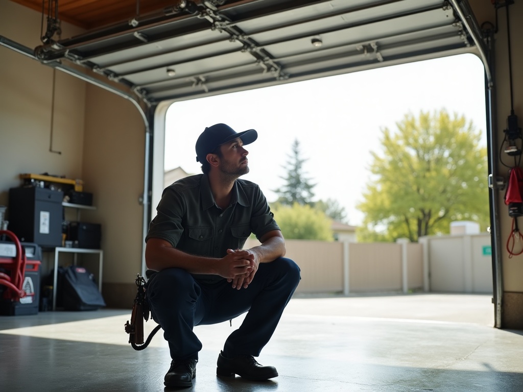 A garage door technician inspecting a torsion spring assembly during a garage door maintenance near me service call to find out why the door reverses mid-cycle