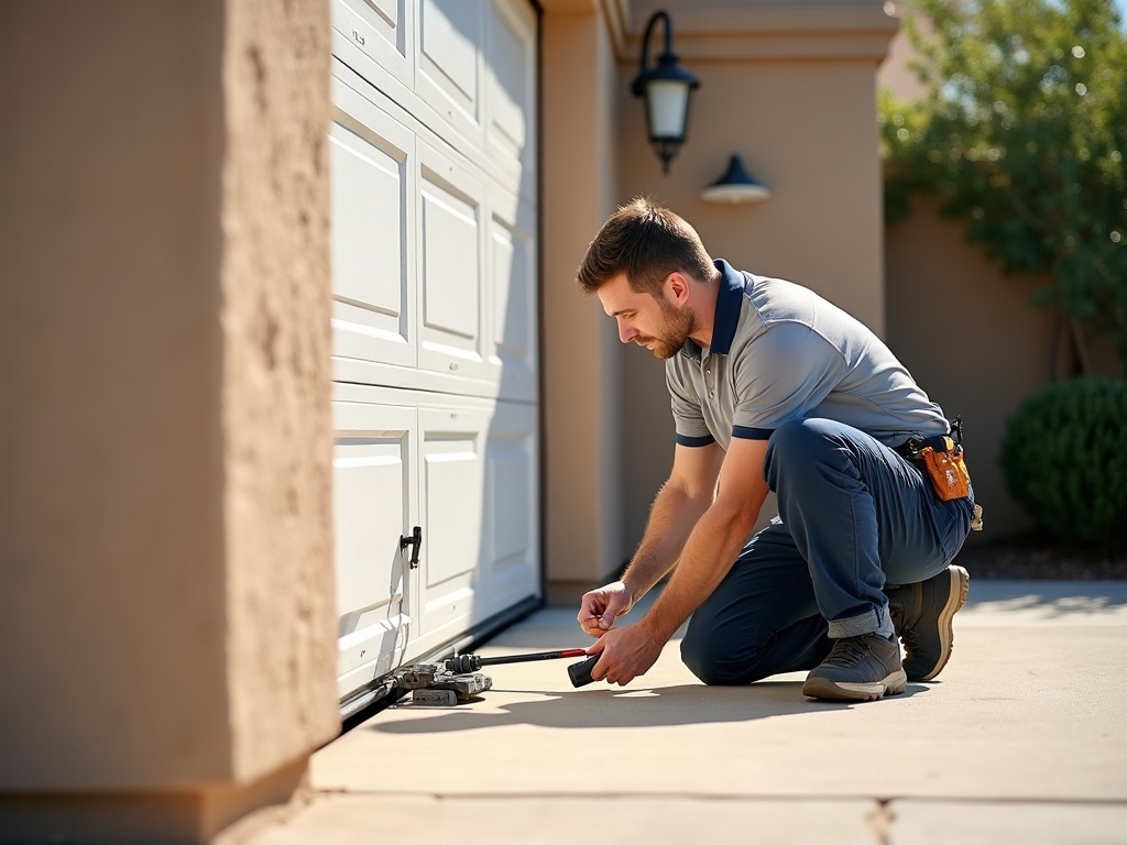 Warning Signs Your Garage Door Gets Stuck Halfway — and When to Call a Pro A technician inspecting safety sensor alignment and door track as part of a professional garage door opener repair visit on an Arizona home
