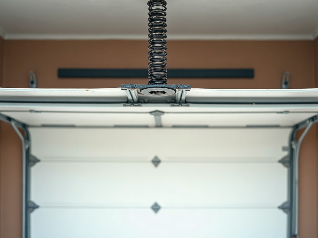 Broken torsion spring above a white garage door interior — visible spring damage is a clear indicator that a homeowner needs immediate garage door repair near me and professional spring replacement