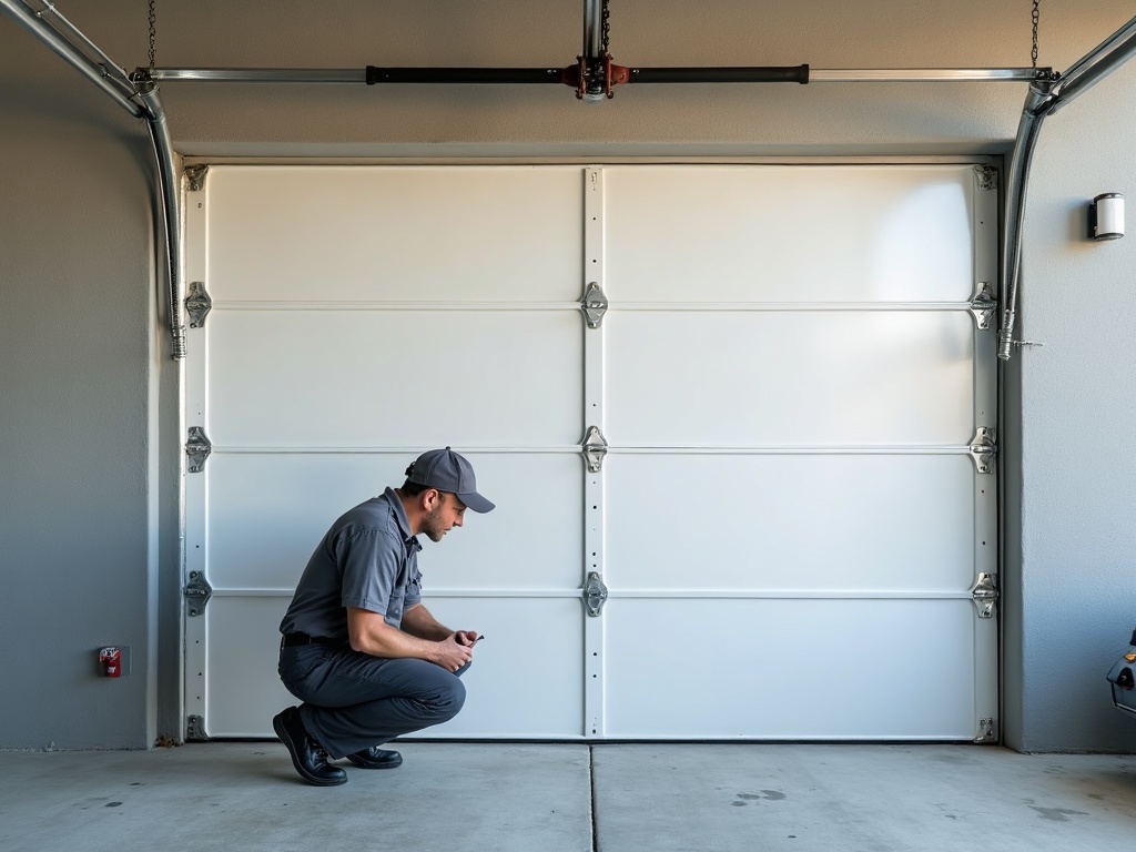 Technician examining a torsion spring assembly during a same day garage door repair service call at a Phoenix metro area home