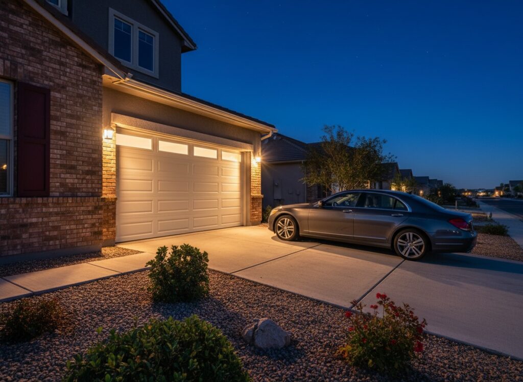 A modern residential garage with a beige sectional door, warm exterior lighting, and a silver sedan parked in the driveway at twilight.