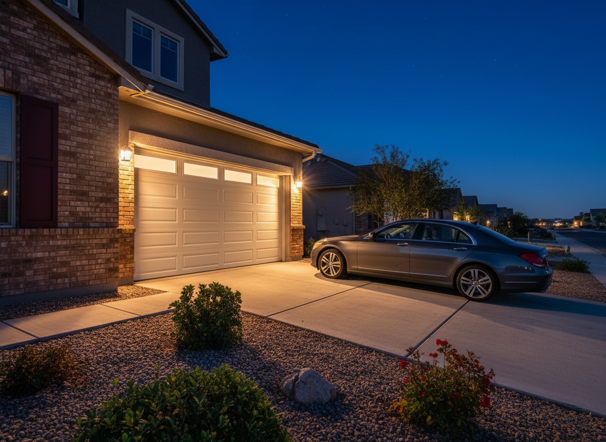 What It Means When Your Garage Door Won't Close at Night — And How to Prevent It A modern residential garage with a beige sectional door, warm exterior lighting, and a silver sedan parked in the driveway at twilight.