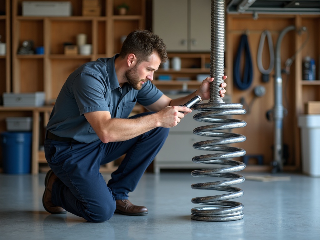 A garage door technician inspecting a torsion spring, a critical step in any professional garage door repair near me visit for a door that won't close
