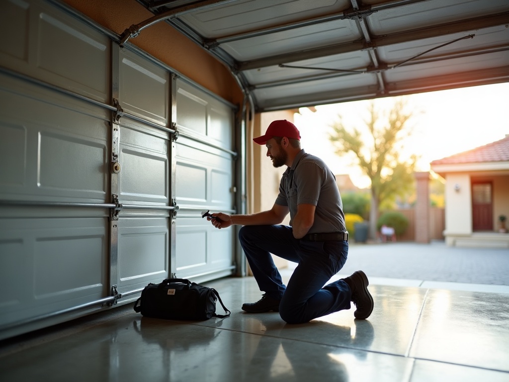 A garage door technician inspecting cable and bracket hardware during a same day garage door repair visit at a home in the Phoenix metro area