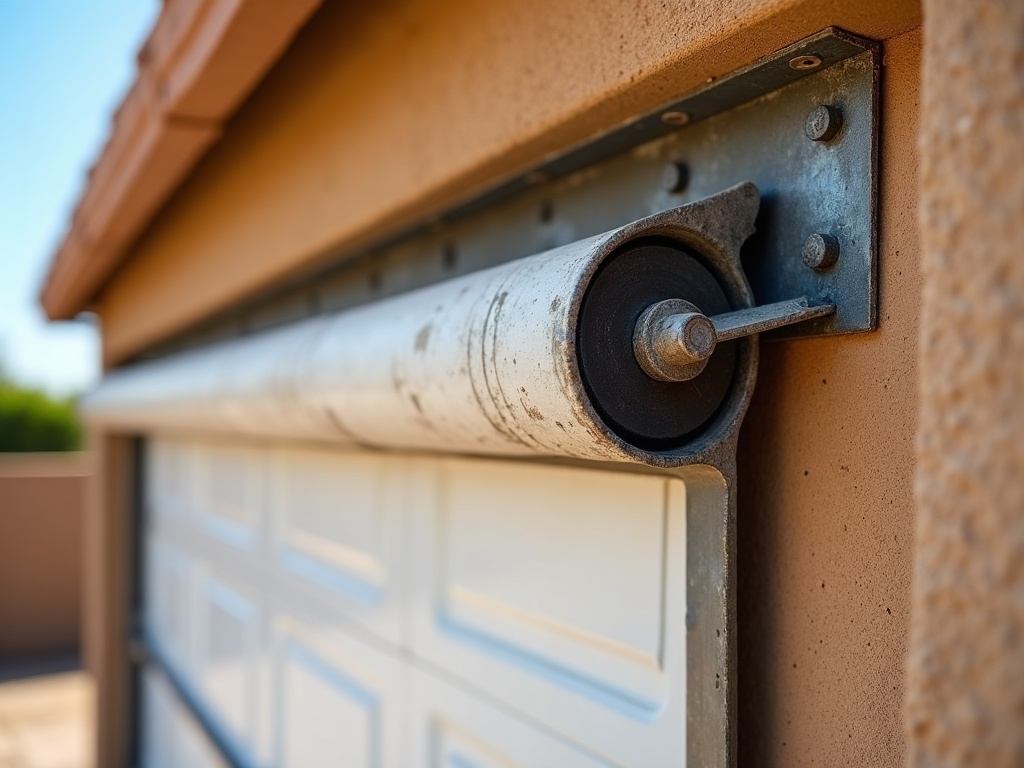 Worn garage door track and roller that prompted a garage door repair near me call, photographed on a sunny Arizona morning