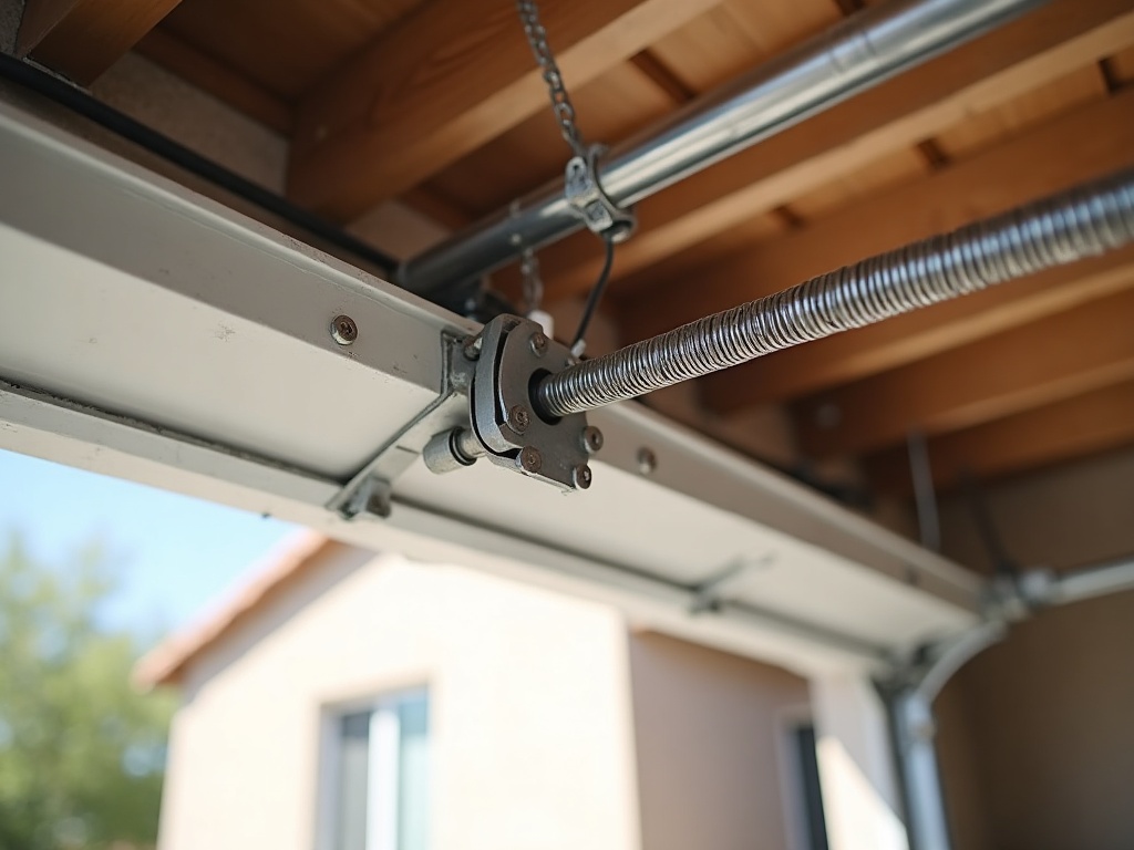 Broken torsion spring above a residential garage door requiring emergency garage door repair before the door can safely be used again