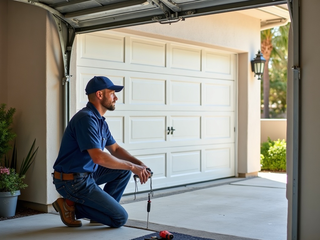 A technician performing emergency garage door repair by inspecting the cable and roller assembly on a residential white garage door in the Arizona heat